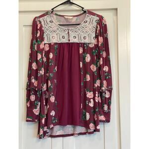 Matilda Jane Burgandy Floral lace BOHO Tunic Small